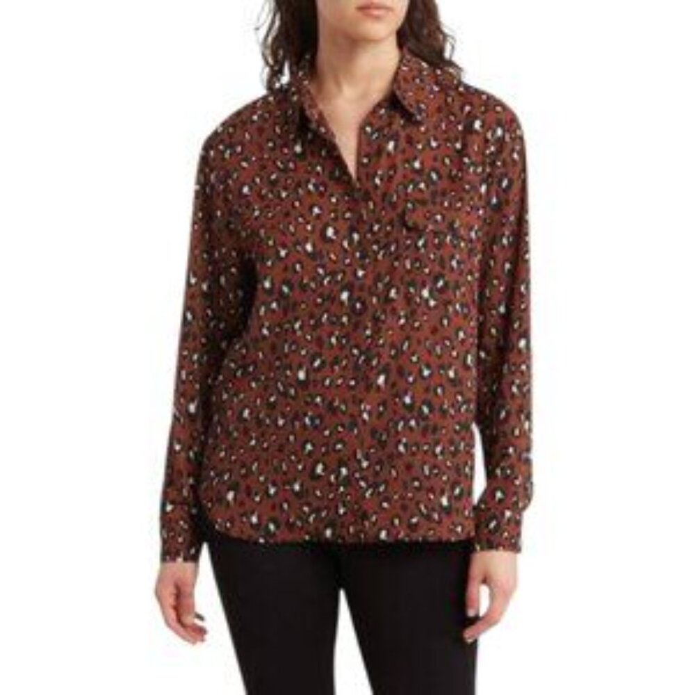 Pleione Satin Button-up Utility Blouse In Dark Brown Leopard Motif S NWT